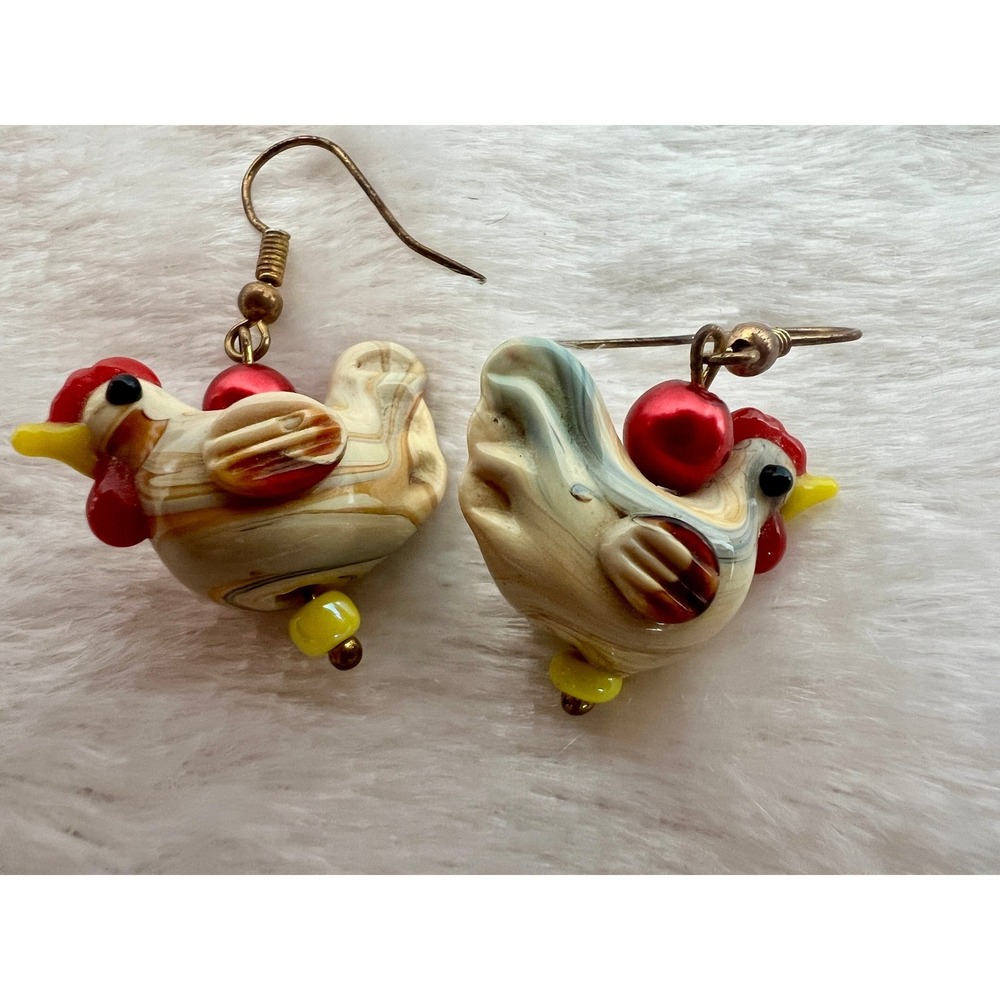 Lampwork Glass Chicken Earrings Red Yellow Farm Animal Dangle Drop Novelty Farm